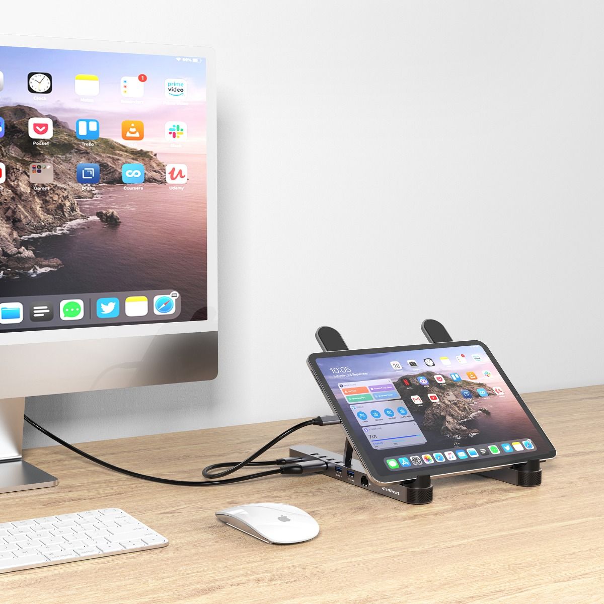 MB-STD-P5GRY Smart Portable Laptop Docking Station Stand – 4K HDMI, USB-C Charging, Adjustable Height