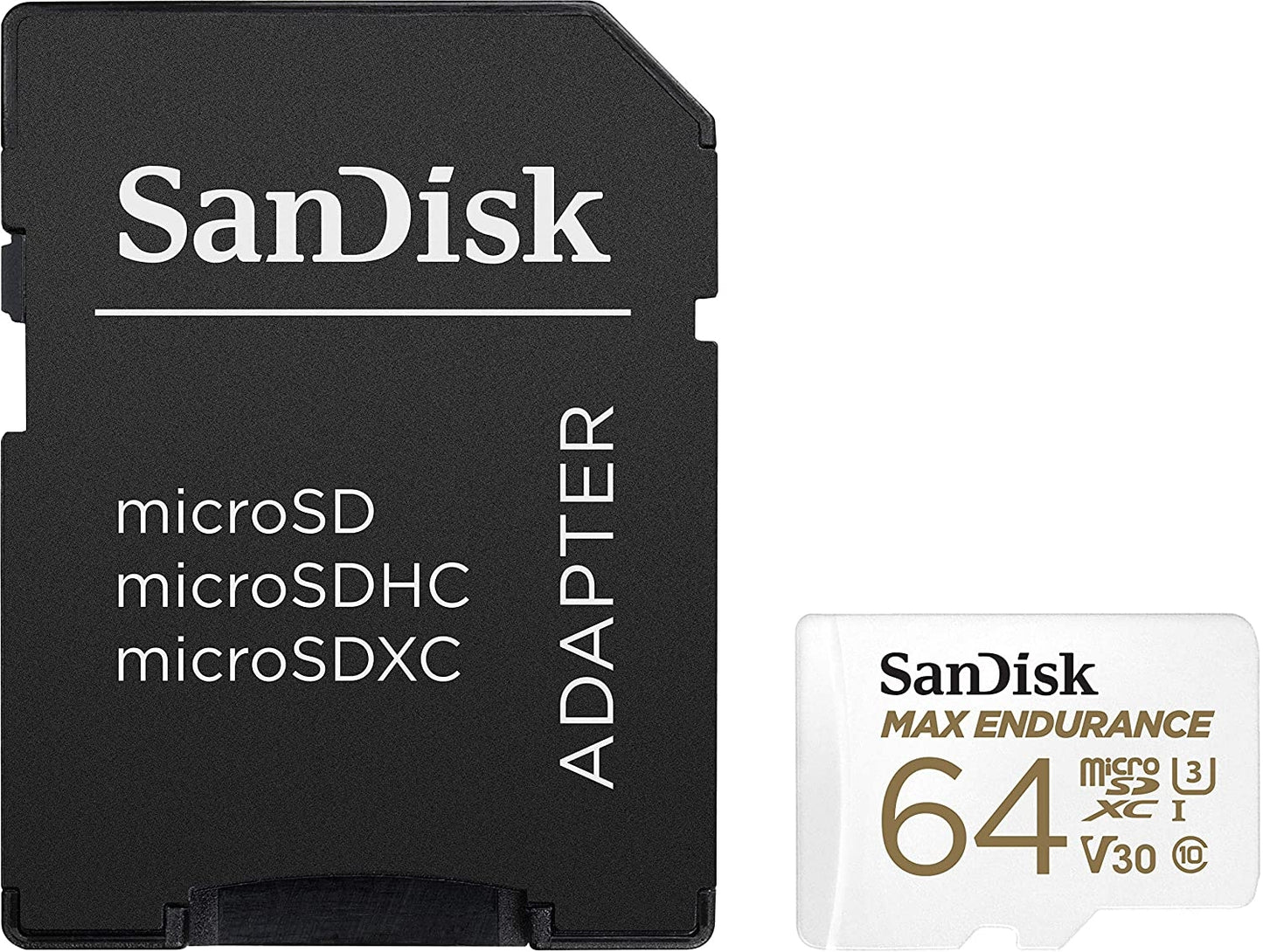 SanDisk MAX ENDURANCE microSDXC Card 64GB (30,000 hrs) UHS-I C10 U3 V30, 100MB/s Read, 40MB/s Write, with SD Adapter (SDSQQVR-064G-GN6IA)