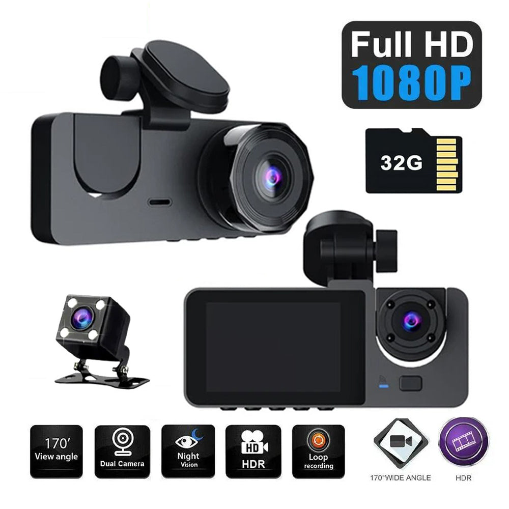 Premium 3-Channel Dash Cam with Rearview Camera and 24-Hour Parking Monitoring-Free 32GB SD Card