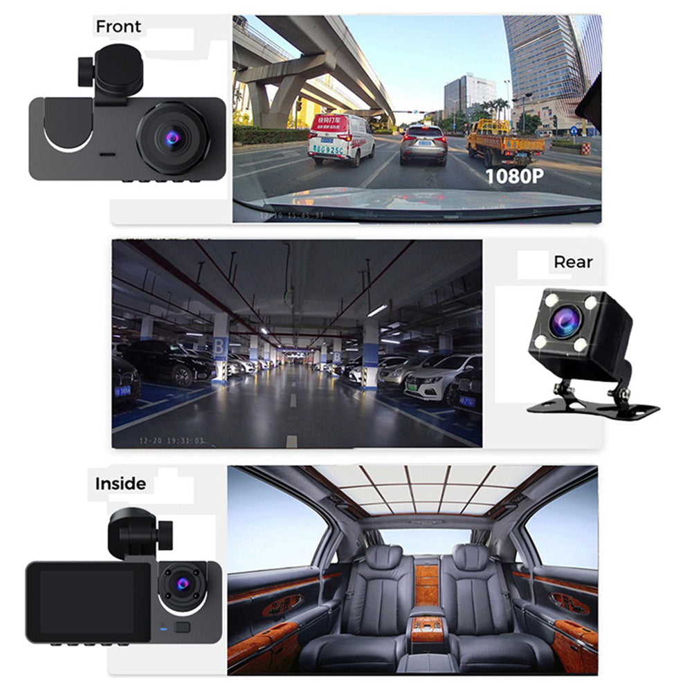 Premium 3-Channel Dash Cam with Rearview Camera and 24-Hour Parking Monitoring-Free 32GB SD Card