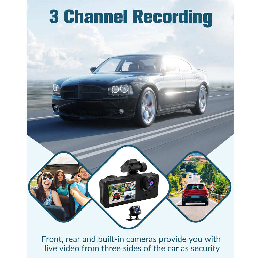 Premium 3-Channel Dash Cam with Rearview Camera and 24-Hour Parking Monitoring-Free 32GB SD Card