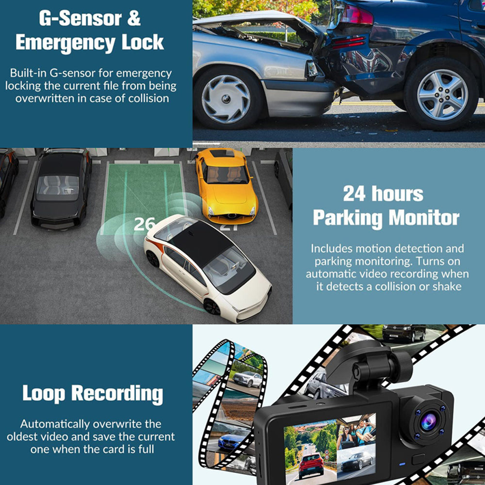 Premium 3-Channel Dash Cam with Rearview Camera and 24-Hour Parking Monitoring-Free 32GB SD Card