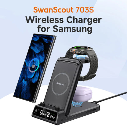 SwanScout 703S Wireless Charging Station for Samsung S24+, S23, Z Flip 6, Z Fold 6, Galaxy Watch Ultra 7/6, and Buds 2 Pro