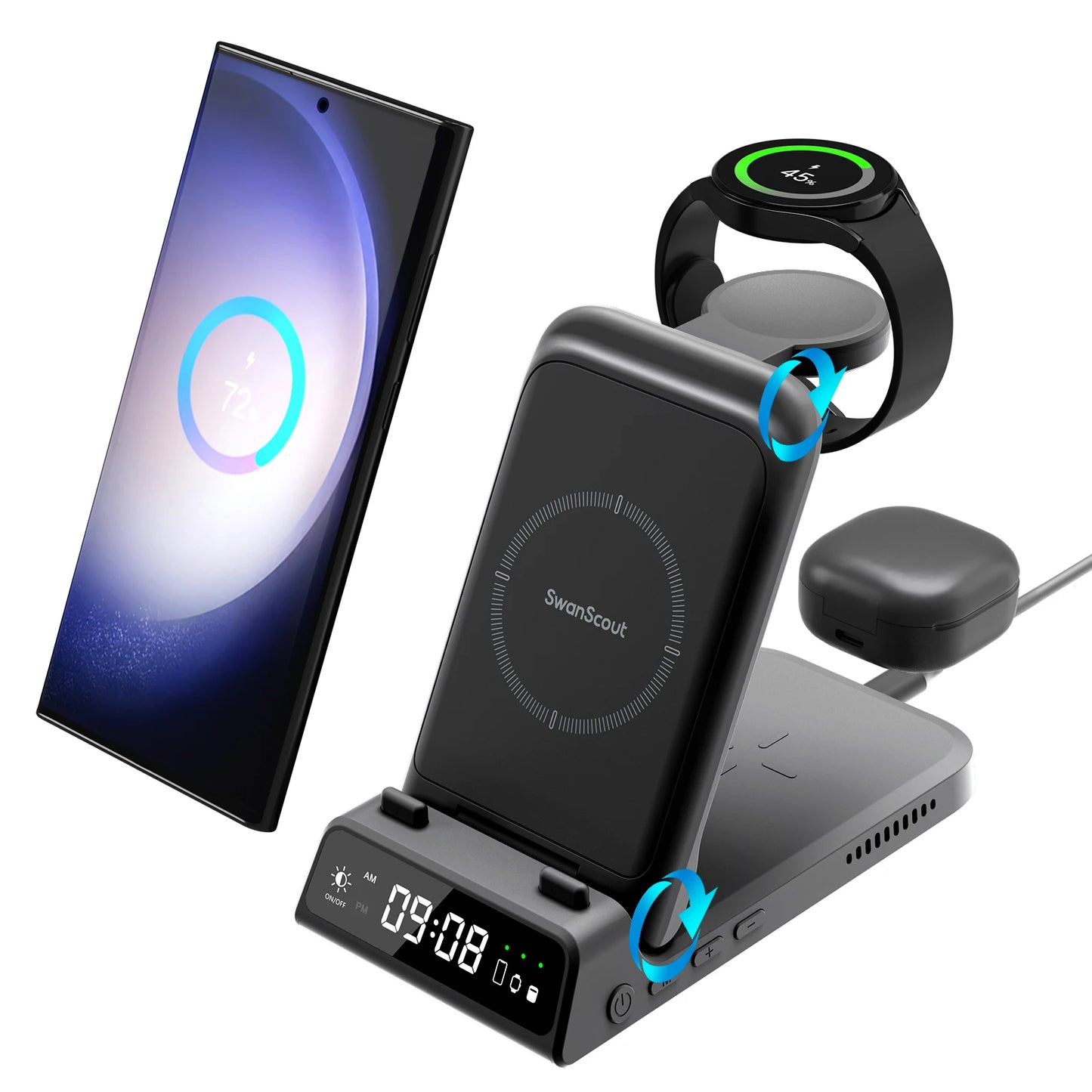 SwanScout 703S Wireless Charging Station for Samsung S24+, S23, Z Flip 6, Z Fold 6, Galaxy Watch Ultra 7/6, and Buds 2 Pro