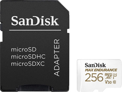 SanDisk MAX ENDURANCE microSDXC Card 256GB (120,000 hrs) UHS-I C10 U3 V30, 100MB/s Read, 40MB/s Write, with SD Adapter (SDSQQVR-256G-GN6IA)