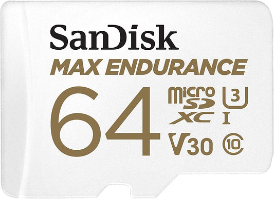 SanDisk MAX ENDURANCE microSDXC Card 64GB (30,000 hrs) UHS-I C10 U3 V30, 100MB/s Read, 40MB/s Write, with SD Adapter (SDSQQVR-064G-GN6IA)