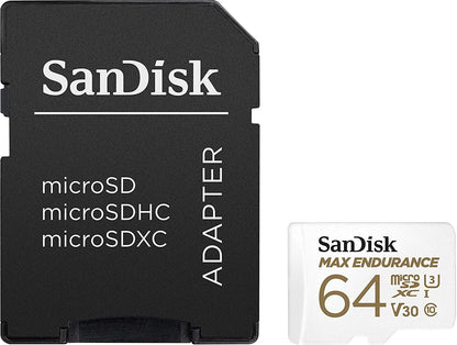 SanDisk MAX ENDURANCE microSDXC Card 64GB (30,000 hrs) UHS-I C10 U3 V30, 100MB/s Read, 40MB/s Write, with SD Adapter (SDSQQVR-064G-GN6IA)