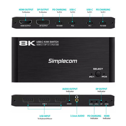 Simplecom KM470 2-Port USB-C KVM Switch 8K Docking Station