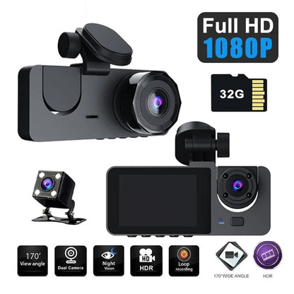 Premium 3-Channel Dash Cam with Rearview Camera and 24-Hour Parking Monitoring-Free 32GB SD Card