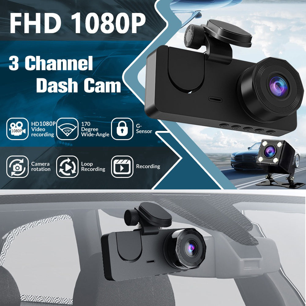 Premium 3-Channel Dash Cam with Rearview Camera and 24-Hour Parking Monitoring-Free 32GB SD Card