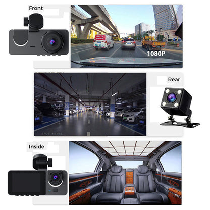 Premium 3-Channel Dash Cam with Rearview Camera and 24-Hour Parking Monitoring-Free 32GB SD Card