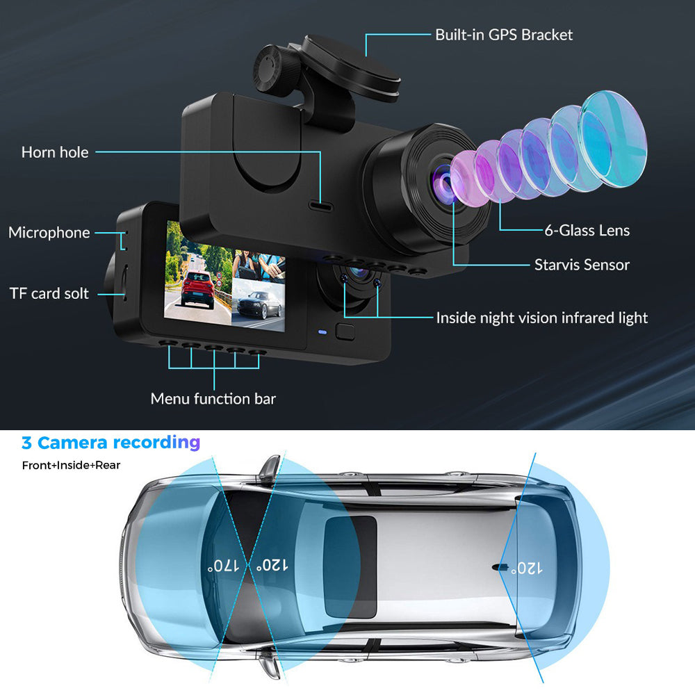 Premium 3-Channel Dash Cam with Rearview Camera and 24-Hour Parking Monitoring-Free 32GB SD Card