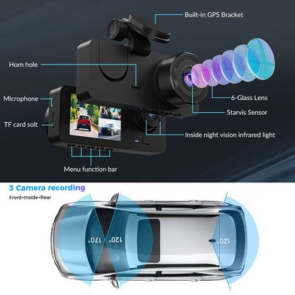 Premium 3-Channel Dash Cam with Rearview Camera and 24-Hour Parking Monitoring-Free 32GB SD Card