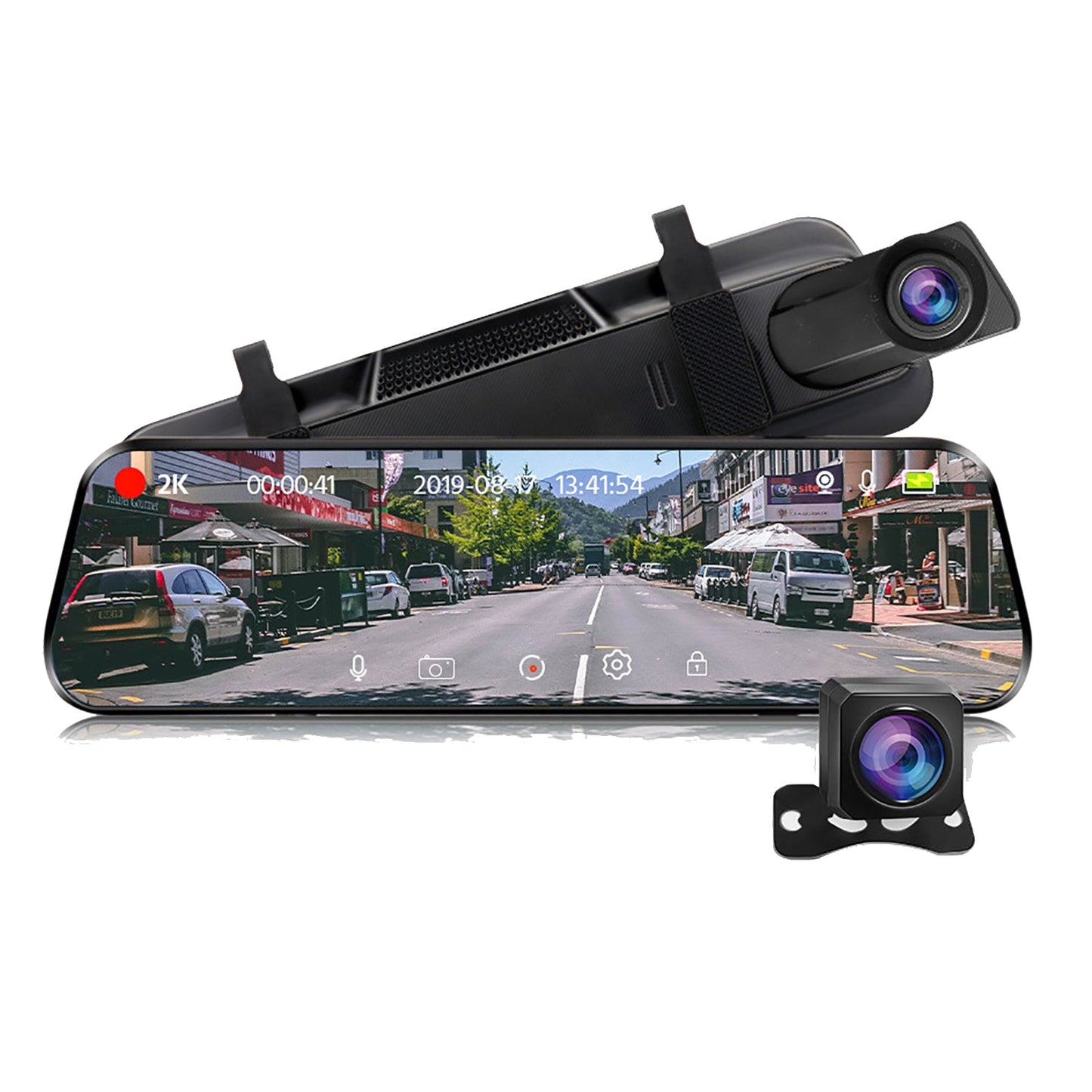 10'' Touch Screen Rearview Mirror Backup Camera with Dual Lens & Parking Monitoring-Free 32GB card