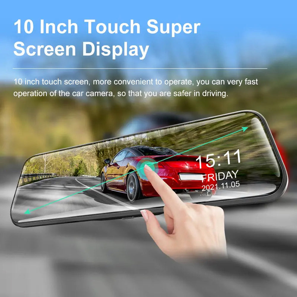 10'' Touch Screen Rearview Mirror Backup Camera with Dual Lens & Parking Monitoring-Free 32GB card