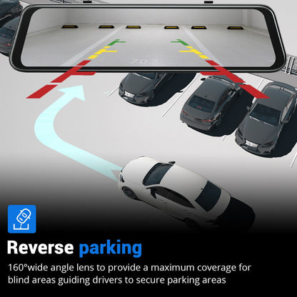 10'' Touch Screen Rearview Mirror Backup Camera with Dual Lens & Parking Monitoring-Free 32GB card