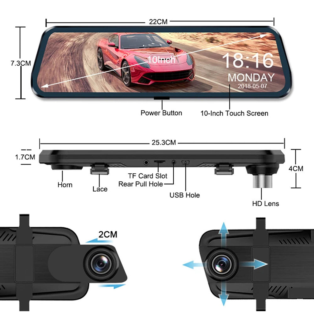 10'' Touch Screen Rearview Mirror Backup Camera with Dual Lens & Parking Monitoring-Free 32GB card