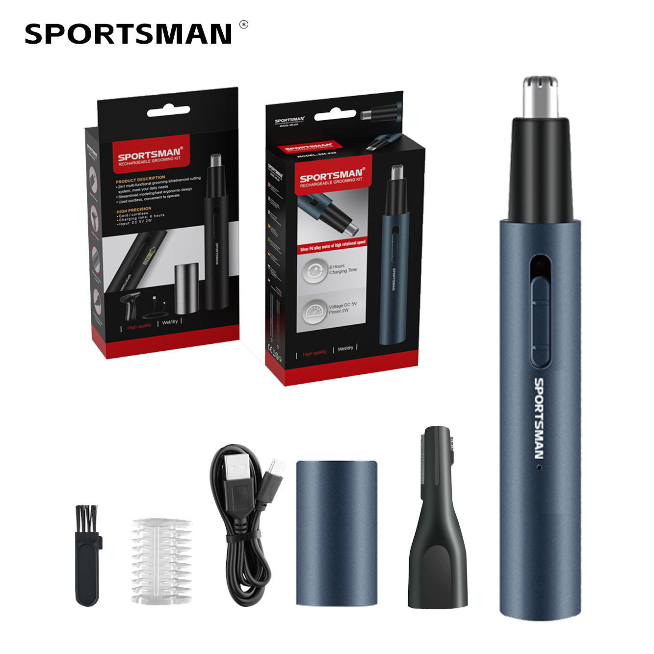 Dark Blue Electric Nose Hair Trimmer with Sideburn Cutter | 360° Precision Grooming Tool